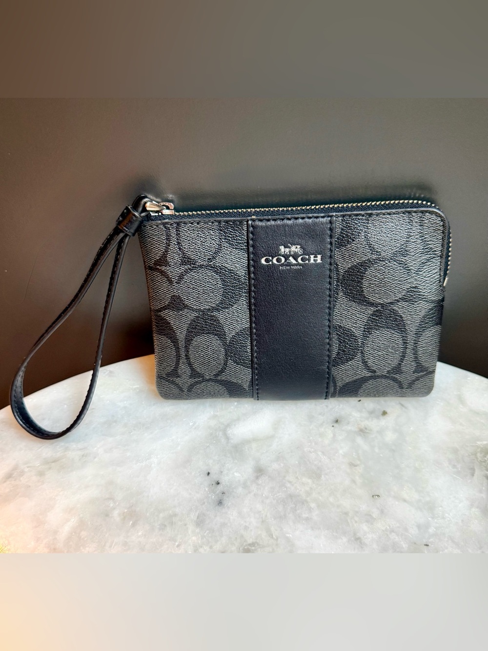 Coach Corner Zip Wristlet Signature Canvas Stripe Black Smoke F58035